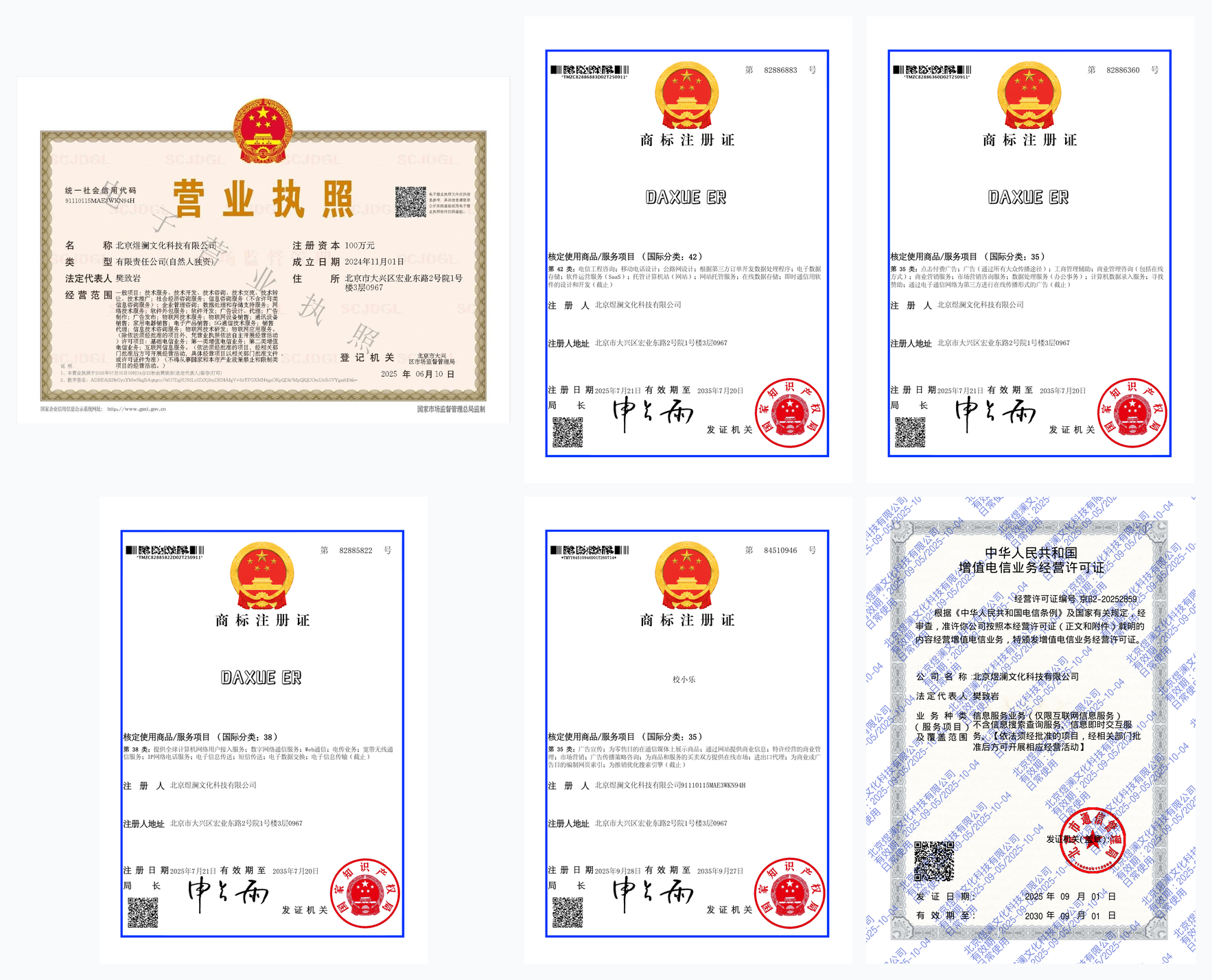 资质证书（营业执照 + 电子证照 + 商标注册证×4 + ICP备案）